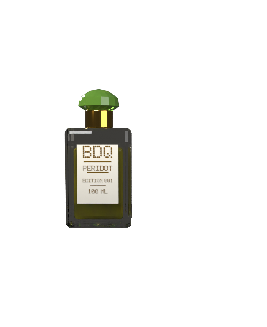 MIST by BDQ Edition 001 Peridot bottle: clear crystal with an olive-gold liquid, faceted peridot cap, and gold collar.