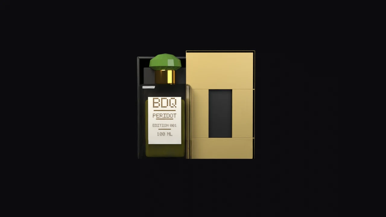 MIST by BDQ Edition 001 Peridot: a clear crystal bottle with a faceted peridot cap and gold collar rising from a black tray as the sleeve draws back.
